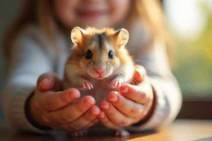Hamster russe dans les mains d'un enfant lumineux et doux