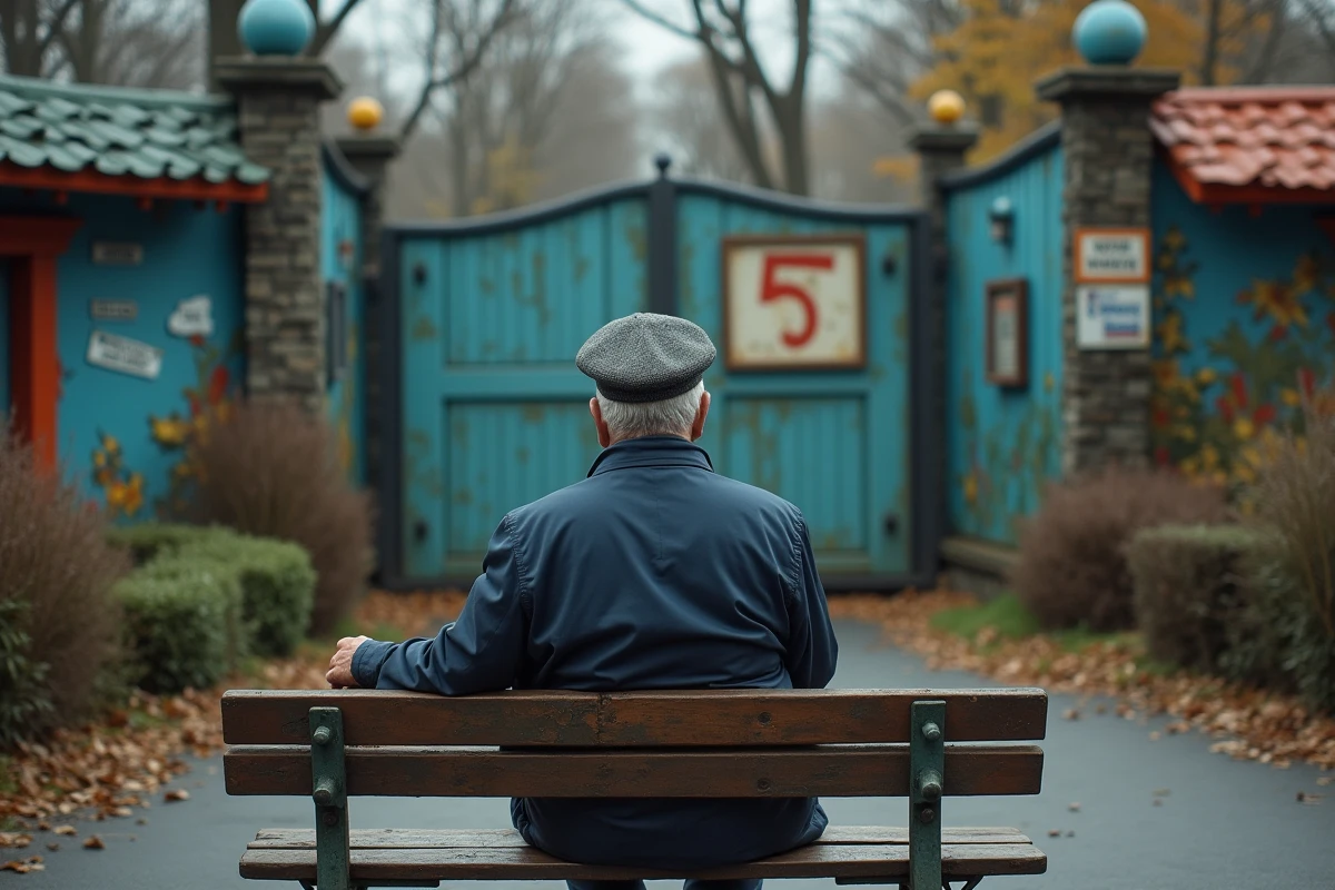 Homme âgé assis devant une attraction Smurf abandonnée