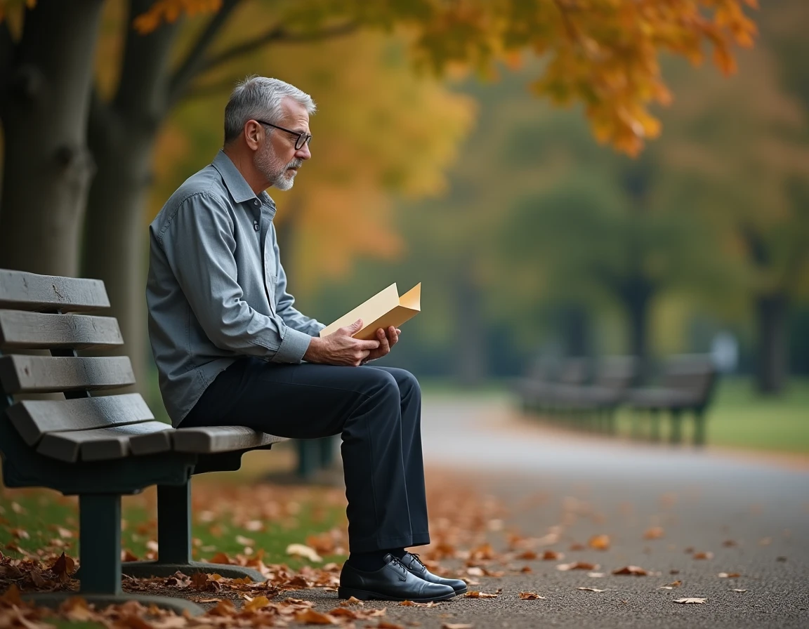 Homme mature assis sur un banc en automne tenant une enveloppe, moment de recueillement et d'adieu