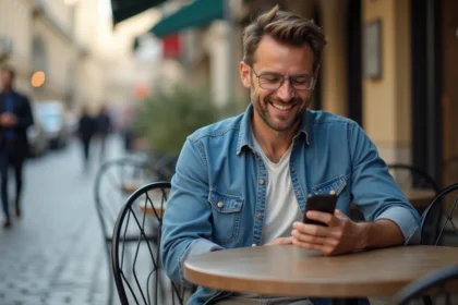 Homme décontracté avec smartphone au café en ville