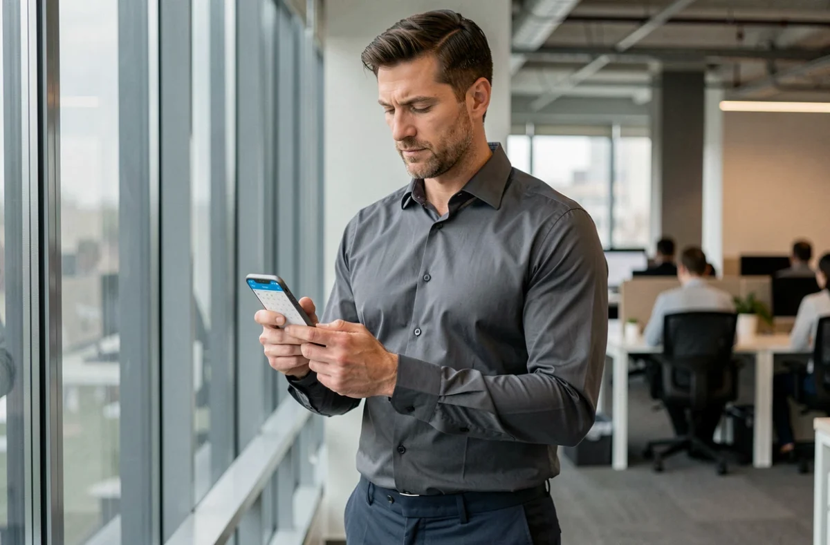 Homme en costume sombre consultant son calendrier numérique dans un bureau pour organiser des congés liés à des funérailles