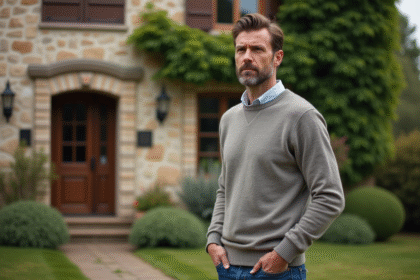 Homme élégant devant maison de campagne chaleureuse