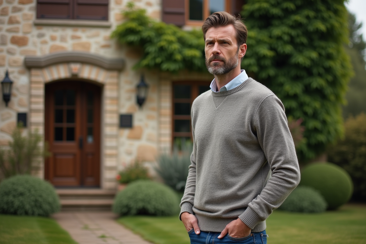 Homme élégant devant maison de campagne chaleureuse