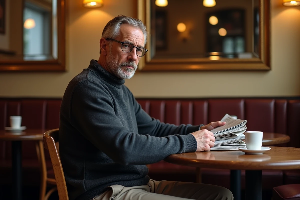 Homme discret attablé dans un bistrot parisien, évoquant la vie privée loin des feux médiatiques