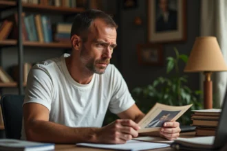 Homme pensif avec photo de famille dans un bureau cozy
