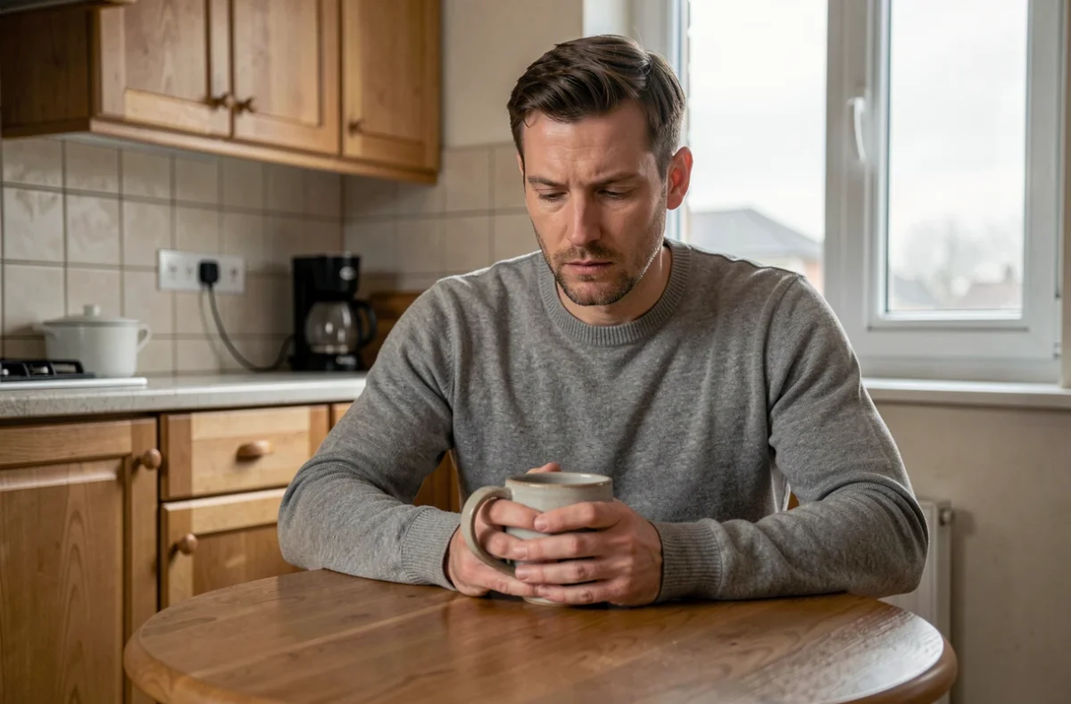 Homme adulte assis seul à une table de cuisine tenant une tasse, regard introspectif, symbolisant la solitude émotionnelle liée au rejet des parents