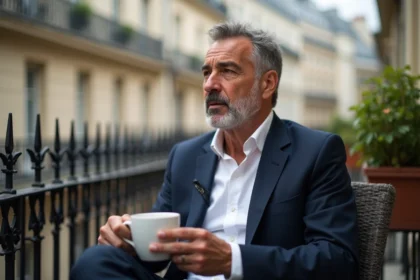 Homme d age moyen sur un balcon parisien contemplatif
