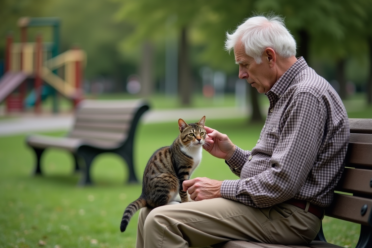Homme âgé donnant à manger à un chat dans un parc