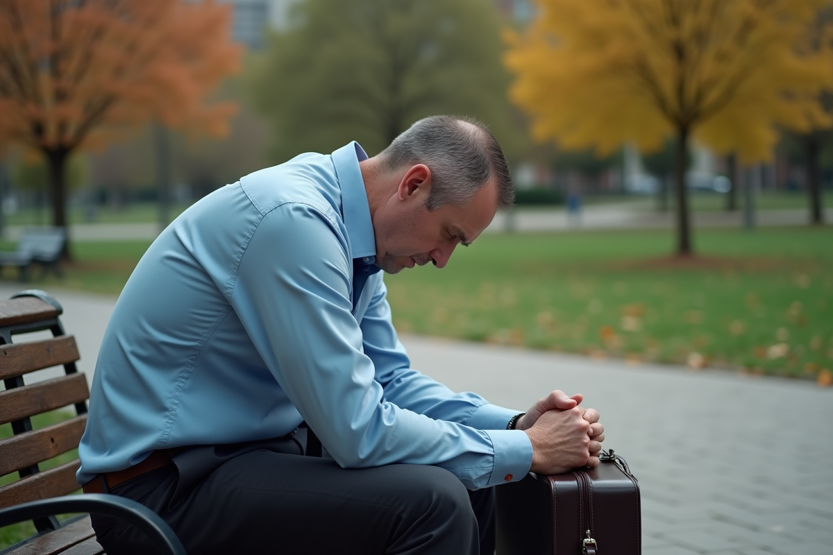 Homme inquiet assis seul sur un banc dans un parc