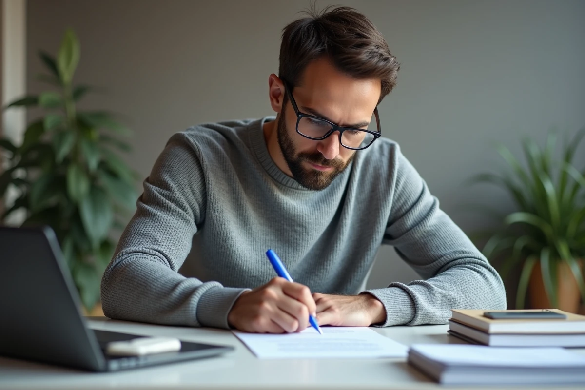 Homme relisant un brouillon de lettre dans un bureau