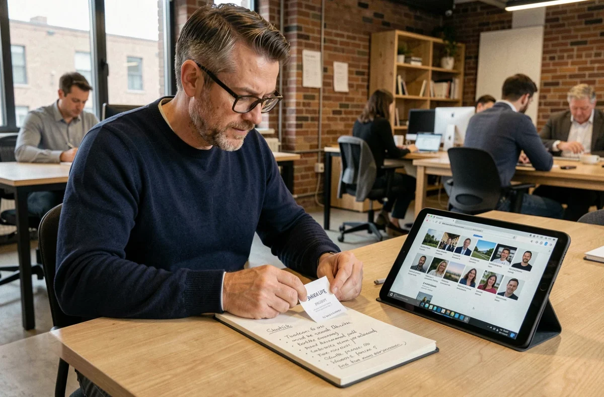 Homme évaluant des cartes de visite de photographes professionnels dans un espace de coworking