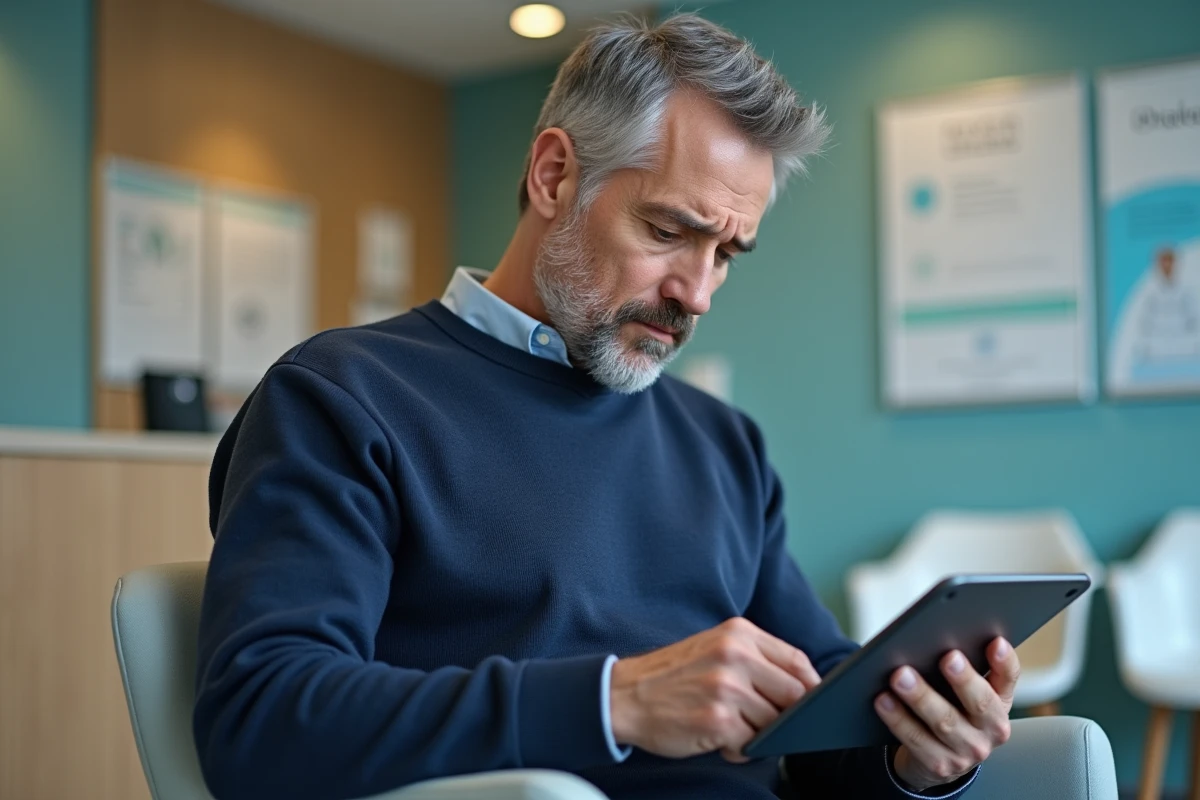 Homme consultant une tablette numérique dans une salle d'attente médicale face à un problème de connexion Medisys
