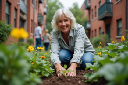 Femme souriante dans un jardin communautaire urbain