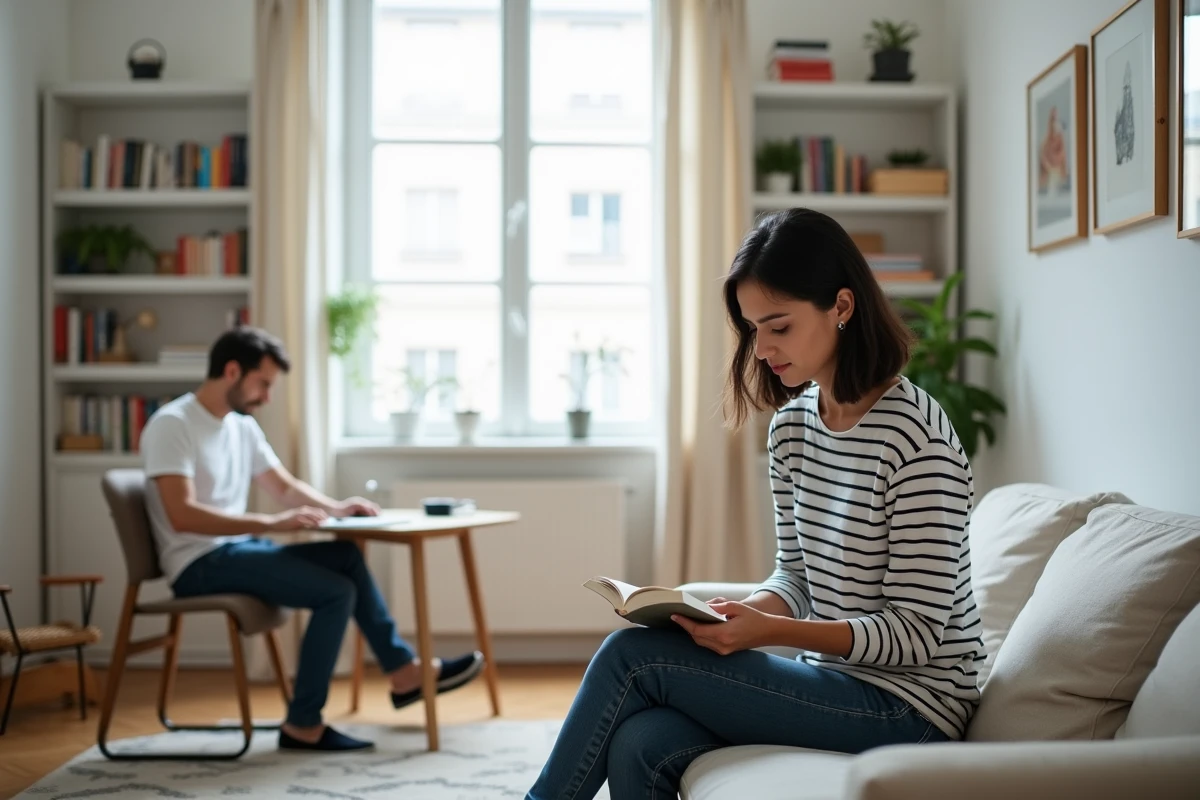 Couple dans un appartement parisien moderne partageant un moment de silence complice, illustrant l'intimité du quotidien de Jeanne Bournaud et son mari