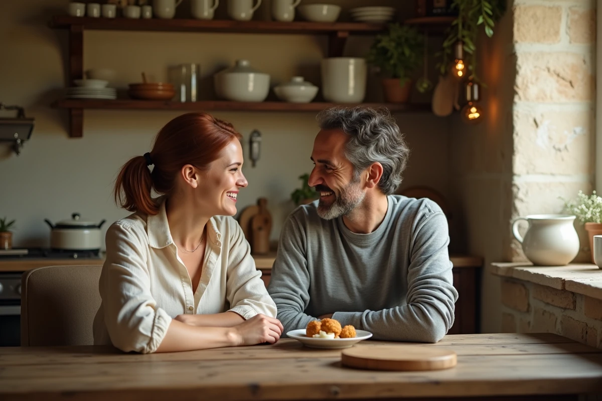 Couple partageant un moment complice dans une cuisine rustique française, illustrant la vie quotidienne de Jeanne Bournaud et son mari