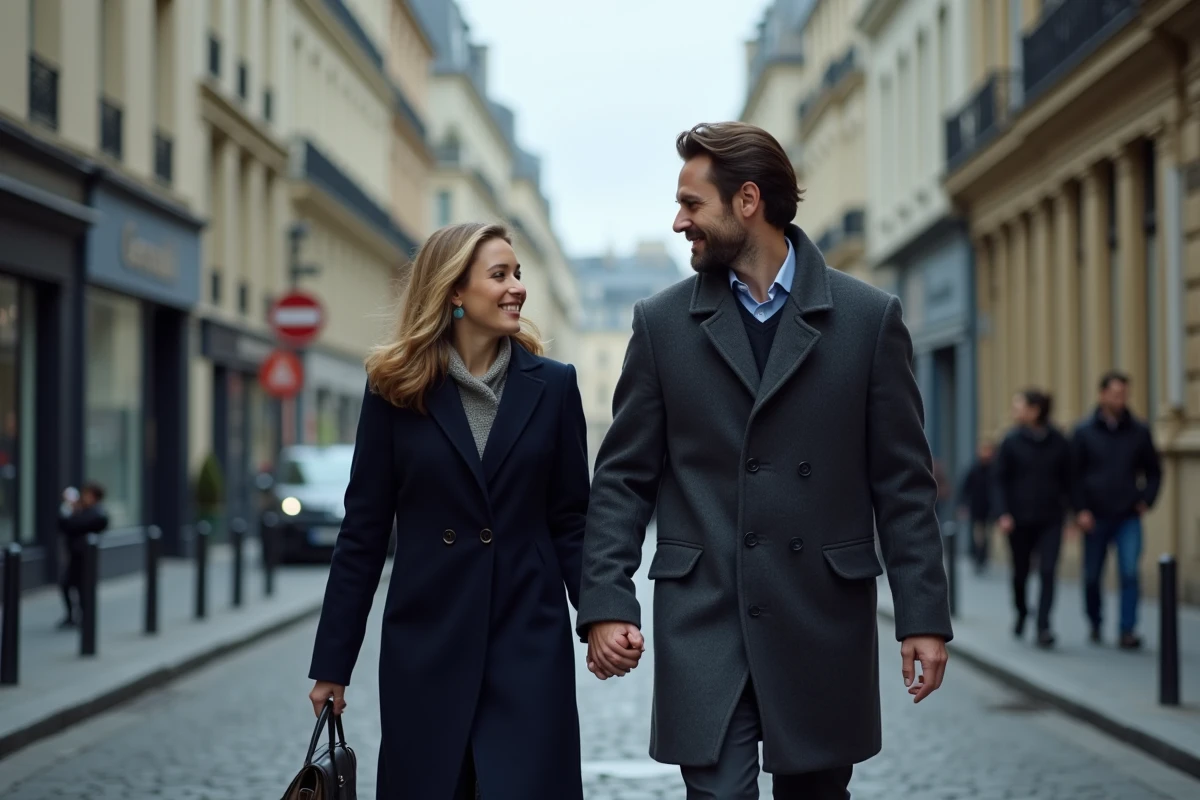 Couple se promenant dans une rue pavée parisienne, évoquant la vie discrète et complice de Jeanne Bournaud avec son mari