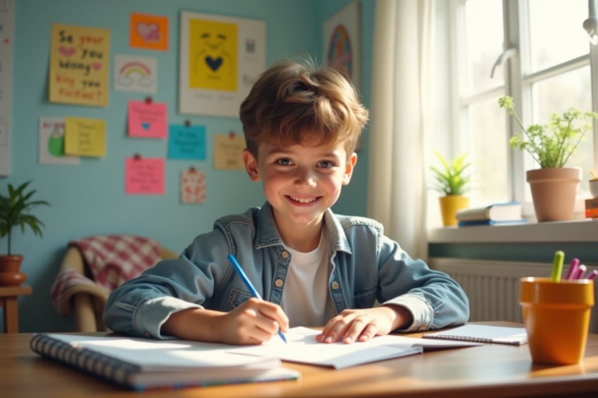 Jeune adolescent concentré à son bureau dans une chambre lumineuse