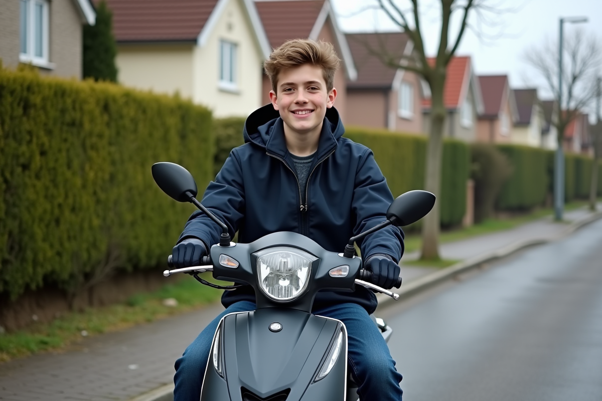 Jeune garçon de 14 ans en windbreaker assis sur un scooter