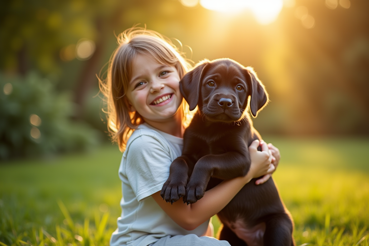 Enfant tenant un chiot Cane Corso dans un jardin ensoleille