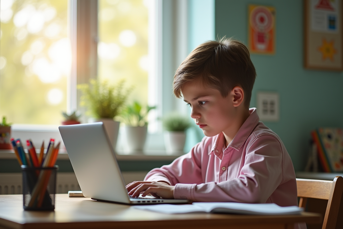 Jeune étudiant utilisant un ordinateur pour devoirs à un bureau lumineux