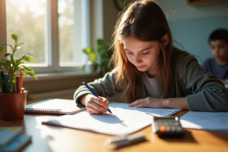 Jeune étudiant concentré sur ses devoirs de maths à son bureau