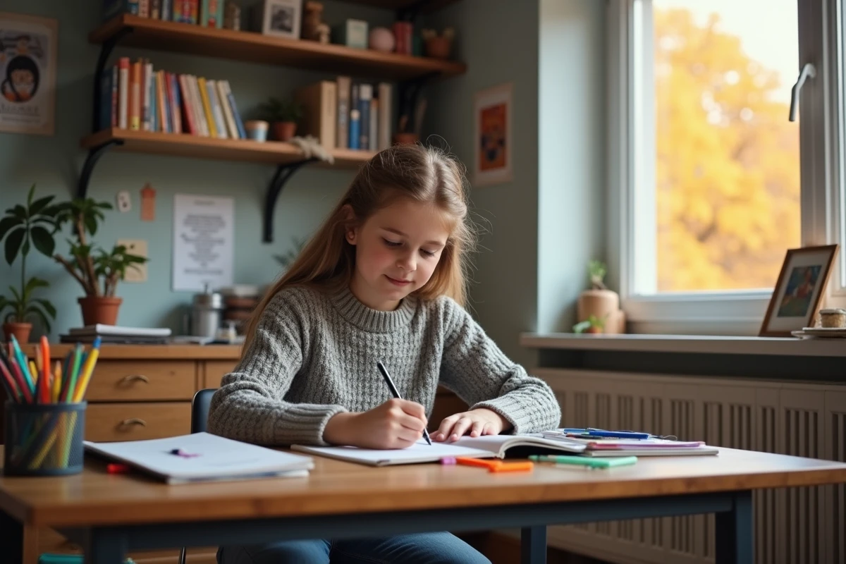 Jeune fille organise ses fournitures scolaires à la maison