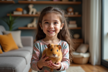 Jeune fille souriante tenant un cochon d'Inde dans un salon chaleureux