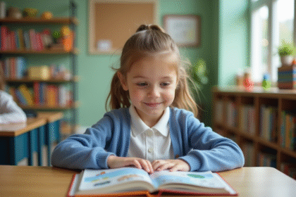 Jeune fille curieuse lisant un livre dans une classe moderne
