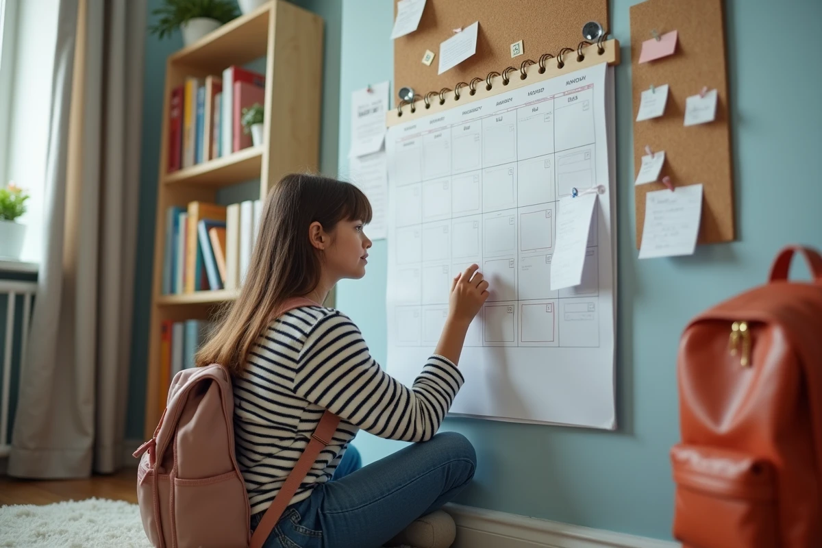 Jeune fille met à jour un calendrier dans sa chambre
