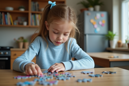 Jeune fille de 8 ans assemble un puzzle dans la cuisine