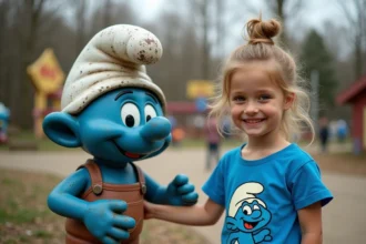 Jeune fille souriante près d'une statue Smurf à Walygator