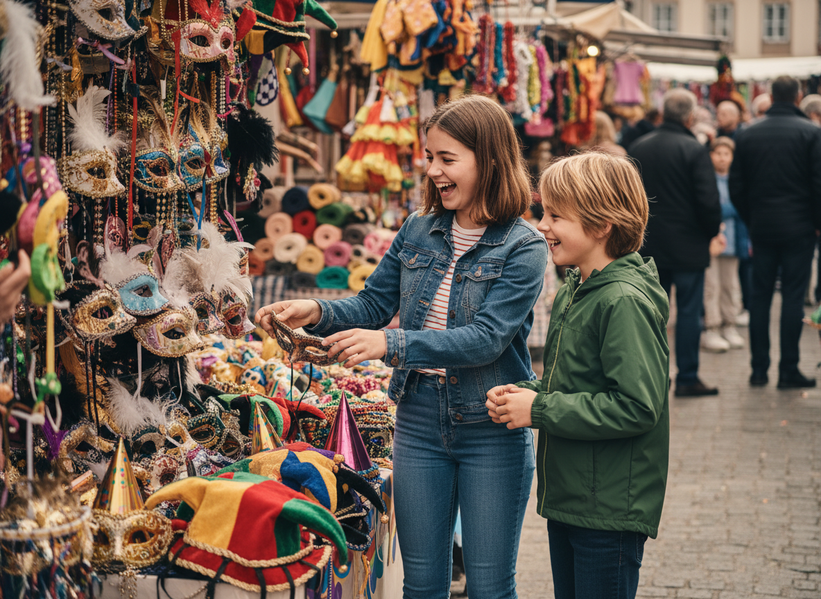 Adolescent et jeune frère choisissant des accessoires de carnaval en marché