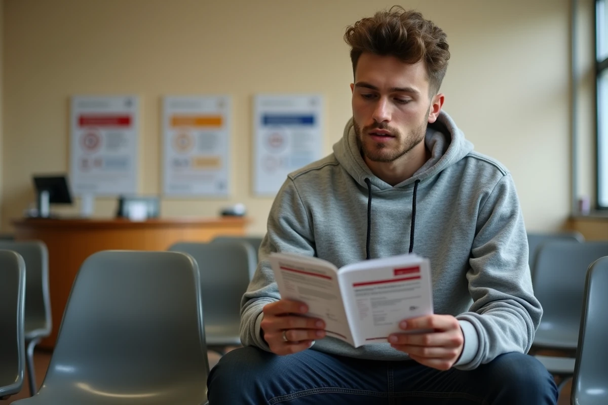 Jeune homme en salle d'attente d'un service social consultant une brochure sur les droits au RSA majoré