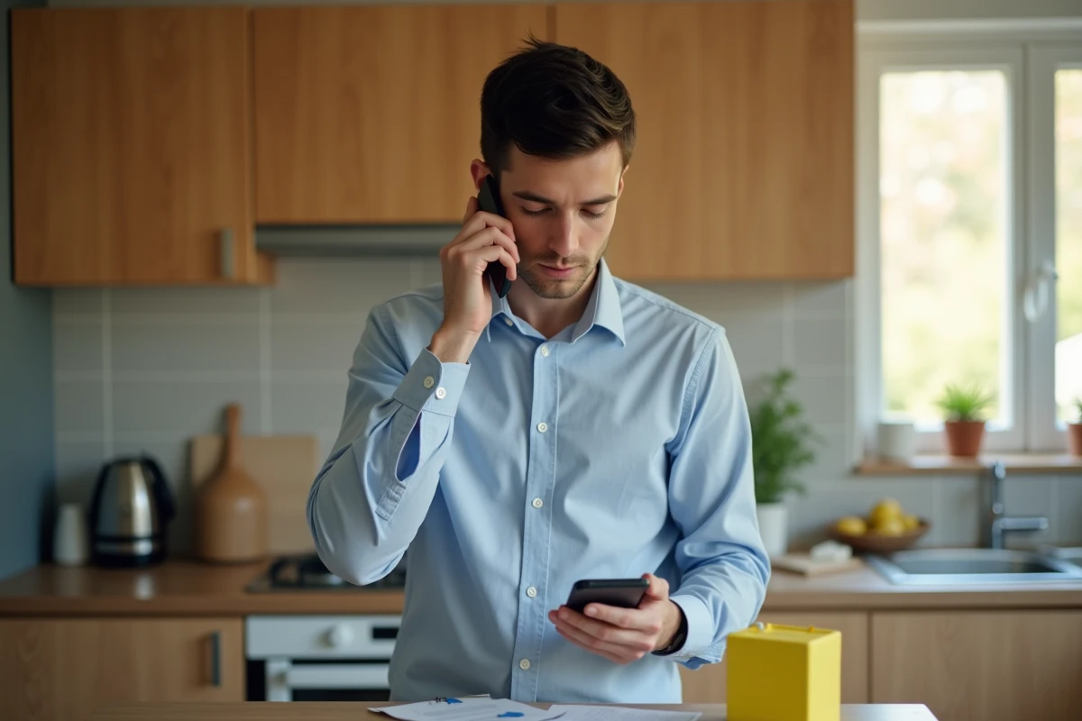 Jeune homme au téléphone dans une cuisine lumineuse