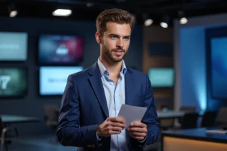 Jeune homme en studio télé avec costume bleu et sourire professionnel