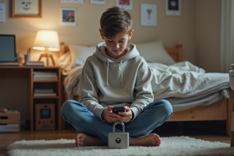 Adolescent en hoodie rangeant son smartphone dans un coffre