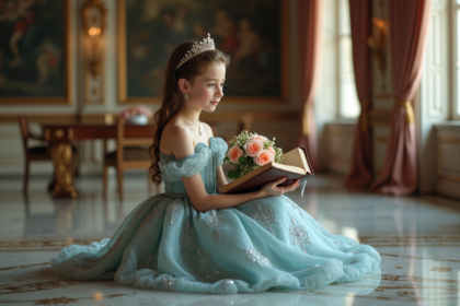 Jeune princesse en robe pastel dans un palais élégant