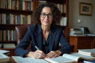 Journaliste française concentrée dans un bureau éditorial parisien entouré de documents de recherche et d'archives de presse