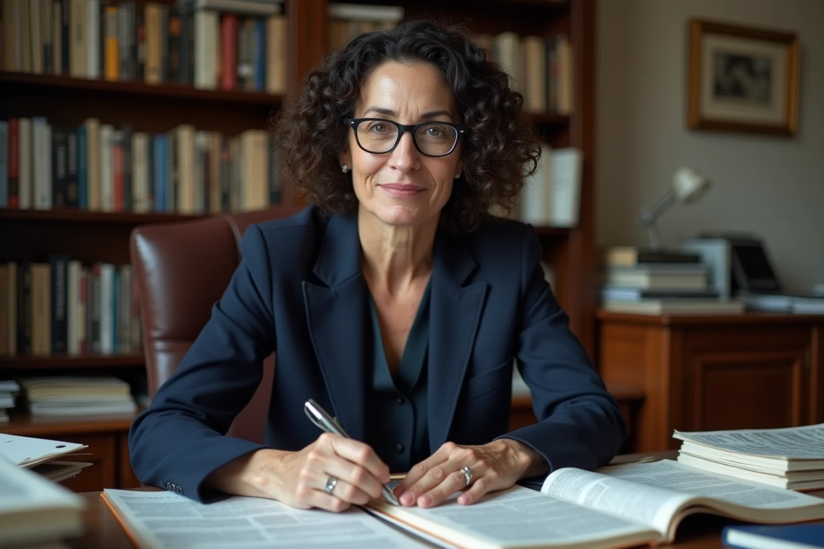 Journaliste française concentrée dans un bureau éditorial parisien entouré de documents de recherche et d'archives de presse