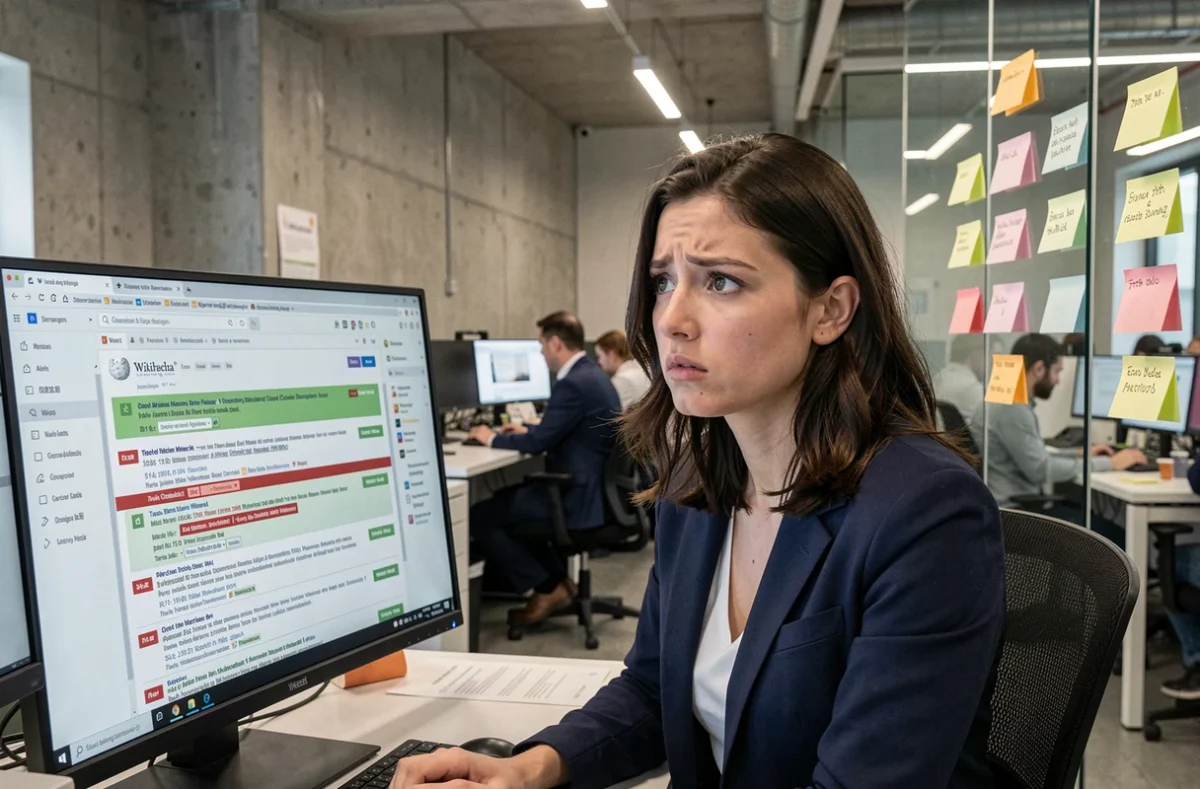 Journaliste découvrant des modifications suspectes sur la page Wikipedia de Jean Jacques Trogneux dans une salle de rédaction moderne