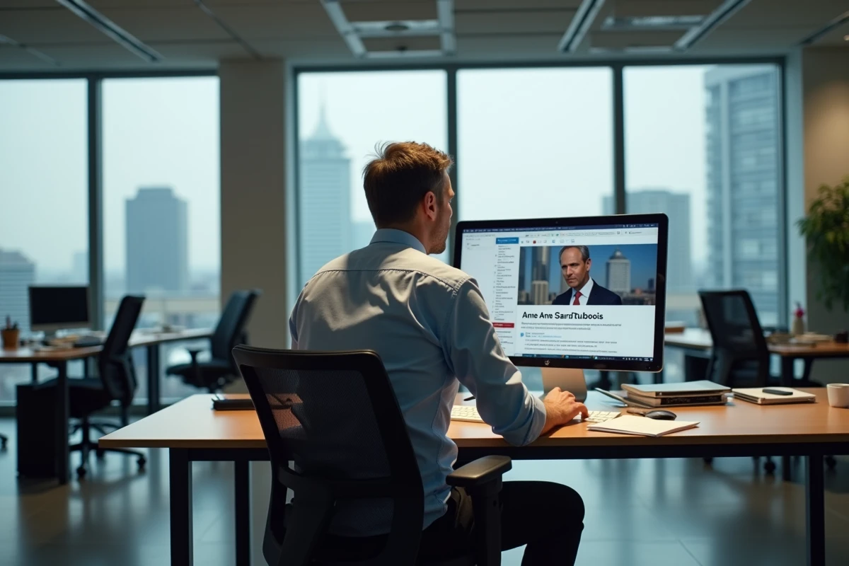 Journaliste au bureau lisant un article sur Anne SauratDubois