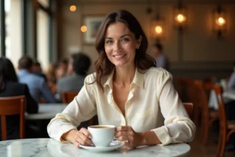 Femme élégante attablée dans un café parisien, évoquant la sérénité et la vie de couple épanouie