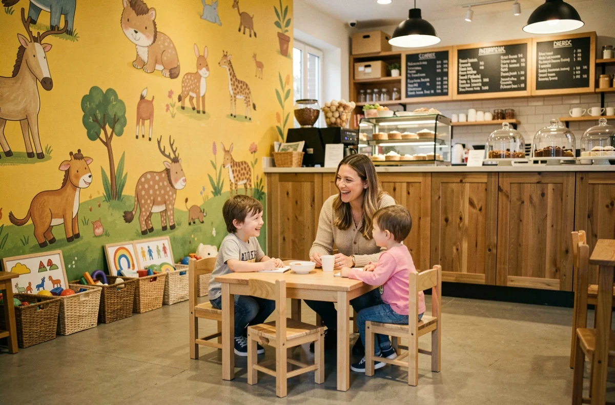 Mère et enfants attablés au Ka'Fête Ô Mômes, café-restaurant familial lyonnais aux murs colorés et décor ludique