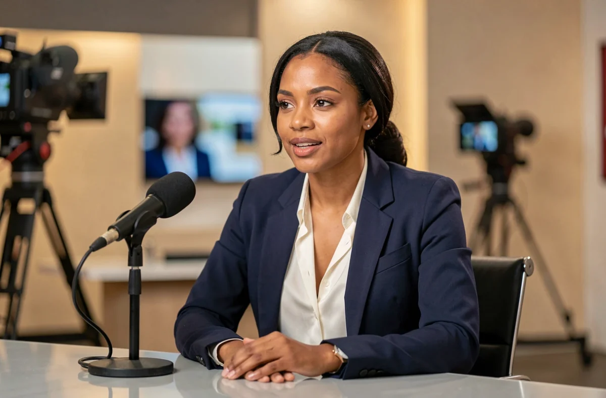 Femme journaliste d'origine maghrébine en blazer marine lors d'une interview télévisée dans un studio professionnel