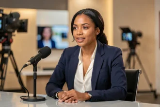 Femme journaliste d'origine maghrébine en blazer marine lors d'une interview télévisée dans un studio professionnel