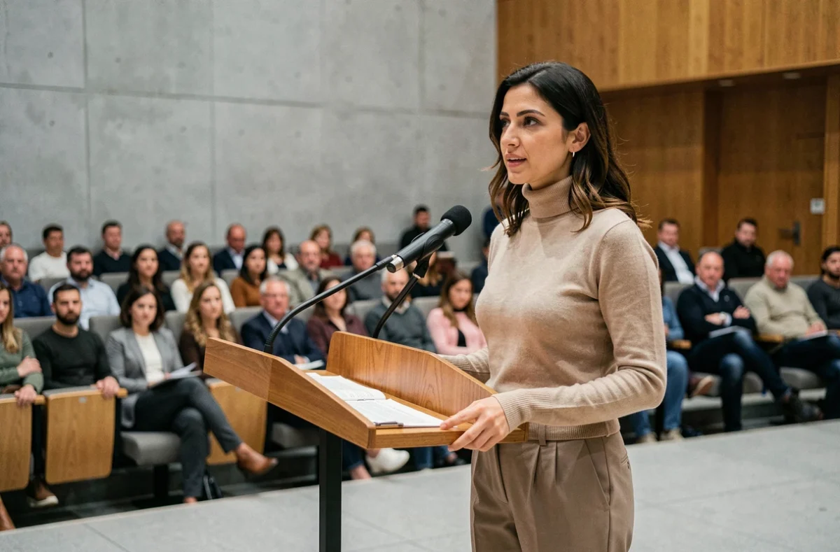 Femme présentatrice prenant la parole lors d'une conférence publique devant un auditoire dans une salle moderne