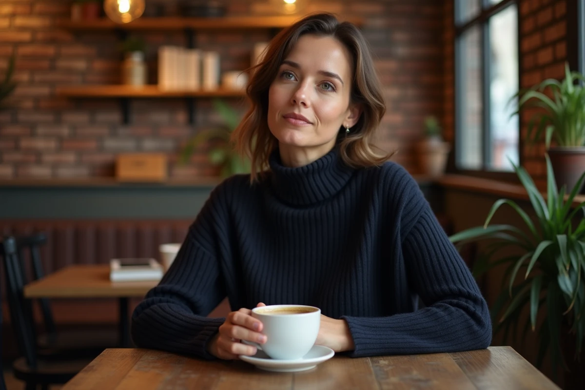 Katrina Patchett dans un café parisien, pull marine, expression pensive, ambiance journalistique et authentique