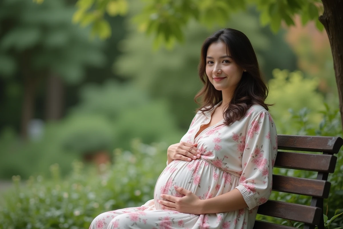 Femme enceinte épanouie assise dans un jardin verdoyant, robe florale pastel, atmosphère sereine et intimiste