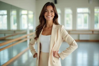 Katrina Patchett en studio de danse, posture élégante et sourire naturel, ambiance éditoriale professionnelle