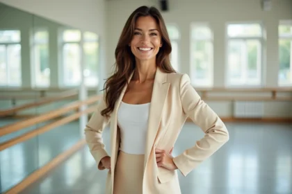 Katrina Patchett en studio de danse, posture élégante et sourire naturel, ambiance éditoriale professionnelle